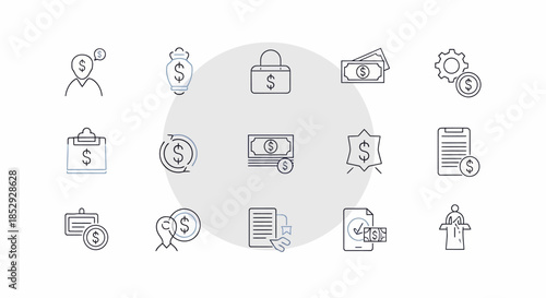 Set of financial and business related line icons for various applications.