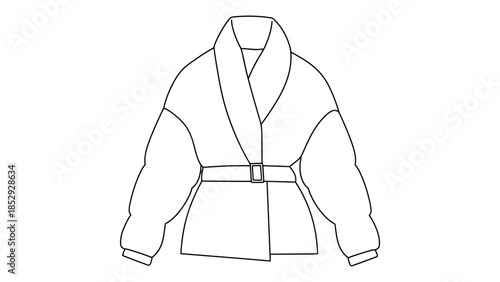 A fashion illustration of a belted puffer jacket with a shawl collar.