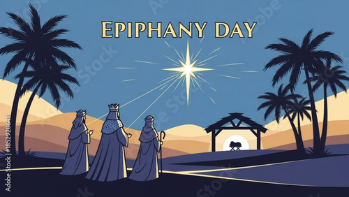 Three Wise Men following the Star of Bethlehem to a stable Epiphany Day concept religious illustration for Christmas season