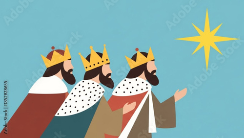 Three Wise Men following the Star of Bethlehem flat vector illustration for Christmas and religious concepts isolated on blue background