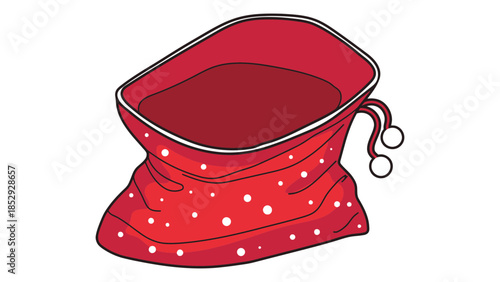 A red drawstring bag with white polka dots is open and empty.