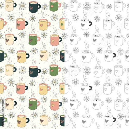 Cozy morning in winter patterns with mugs of hot tea, coffee, and snowflakes. Cute cartoon hand drawn seamless background in vector for fabric, printing. Natural soft colored, black and white outline.
