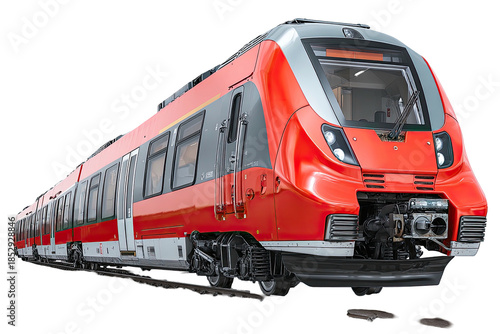 Modern passenger train, red and gray, on a track, front view