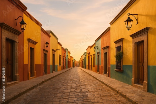 Colorful colonial street facades in Mexico during golden hour with historic architecture.