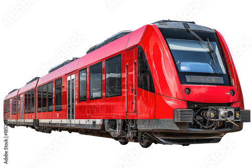Modern, sleek, long, red passenger train with multiple windows