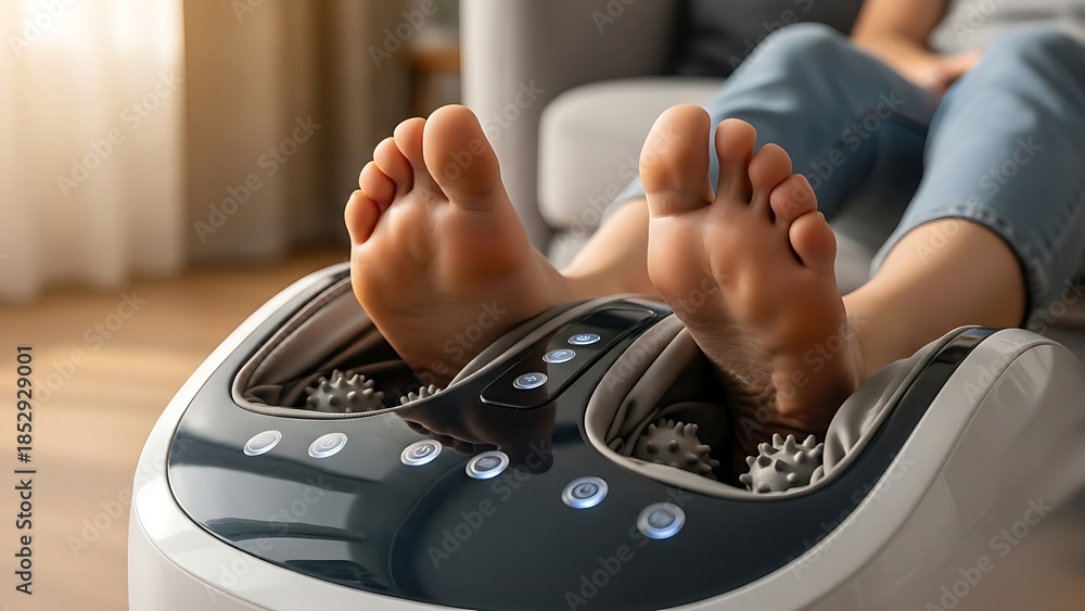 Fototapeta premium Close-up of person using electric foot massager for relaxation at home