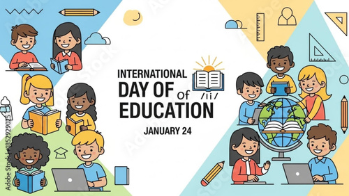 International Day of Education illustration diverse children learning with books and laptops concept for knowledge and global study January 24