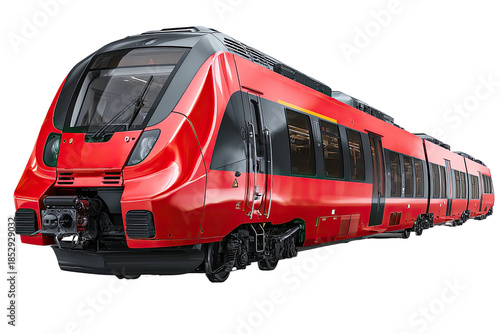 A side view depicts a sleek, streamlined, red passenger train with dark glass windows