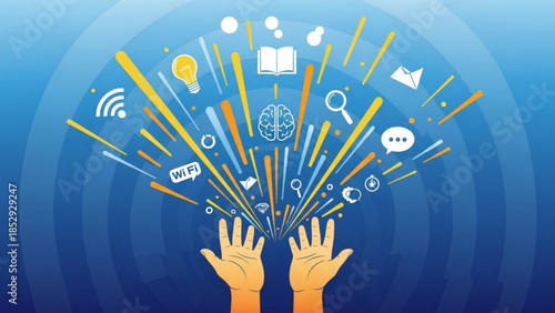 Hands releasing a burst of knowledge and ideas represented by icons and symbols for concepts of education innovation and communication