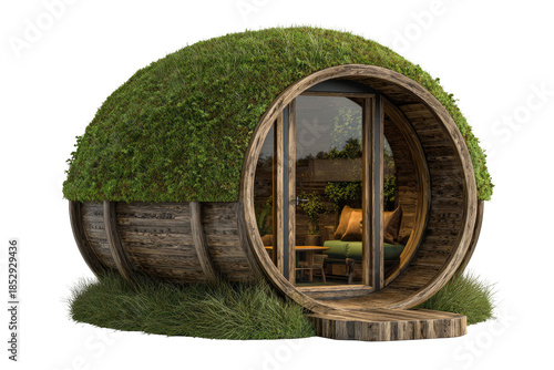 Modern eco-friendly cabin with a rounded shape, living roof, and wooden detailing