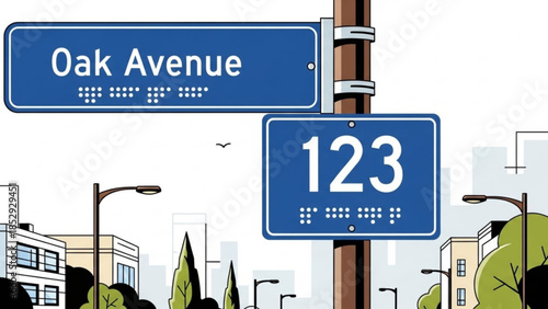 Oak Avenue street sign with house number 123 featuring braille text for accessibility set against a city street background with buildings and trees