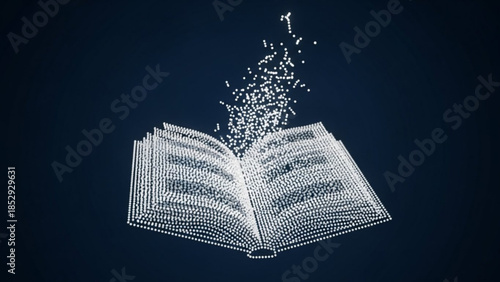 Open book with abstract digital particles flowing out representing knowledge and information transfer concept for education and technology
