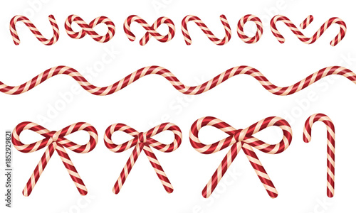 Candy Cane Borders and Bows Set. Red and White Striped Christmas Elements in Detailed 3D Vector Illustration