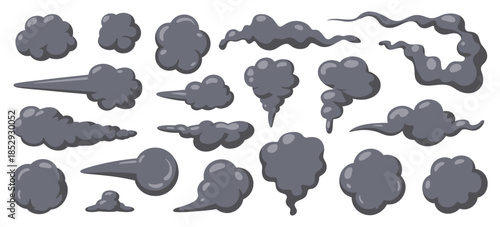 Explosive Cartoon Smoke Clouds Set, Manga Dark Smoke Puffs, Swirling Dust, Bomb Explosion Effects, Vapor Steam, Fire Blast and Car Exhaust Vector