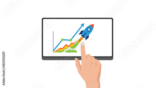 A hand points to a tablet screen showing a rocket launching over an upward-trending graph, symbolizing successful business growth and startup acceleration.