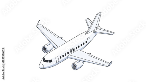 A sleek white passenger airplane, depicted from an isometric top-down view, showcases its modern design, ready for global travel.