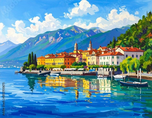 hand drawn gouache painting of lake como scenery. landscape painting with water, 
