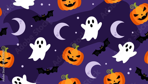 Seamless Halloween pattern with cute ghosts, pumpkins, and moons.