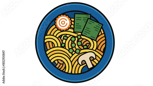 Stylized vector illustration of a Japanese ramen noodle bowl.