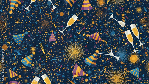 Seamless festive party pattern with champagne glasses and fireworks.