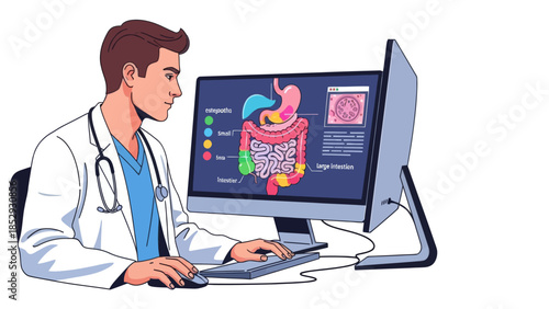 Medical professional analyzing detailed digital representation of human digestive system for