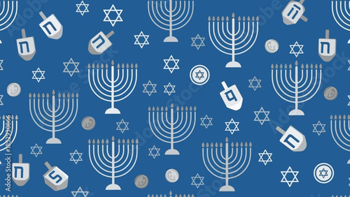 Seamless pattern of Hanukkah symbols including menorahs, dreidels, and Stars of David.