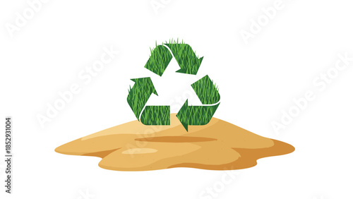 A vibrant recycling symbol, uniquely formed from lush green grass, rests on a patch of brown soil, promoting eco-friendly practices and earth care.