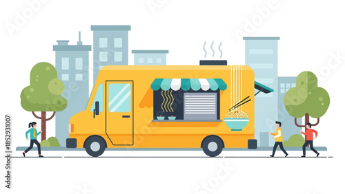 Yellow food truck serving hot noodles illustration.