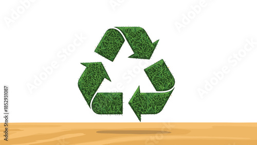 A vivid recycling symbol, beautifully crafted from lush green grass, appears to float above a clean wooden surface, promoting eco-conscious living.