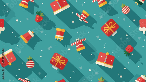 Festive Christmas seamless pattern with gifts and holiday decorations.