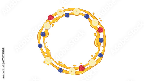 A decorative circular frame of golden honey, adorned with fresh banana slices, blueberries, and raspberries, creating a vibrant, sweet border.
