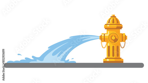 A vibrant yellow fire hydrant gushes a powerful stream of blue water, creating a large splash on the street, depicting an emergency or leak.