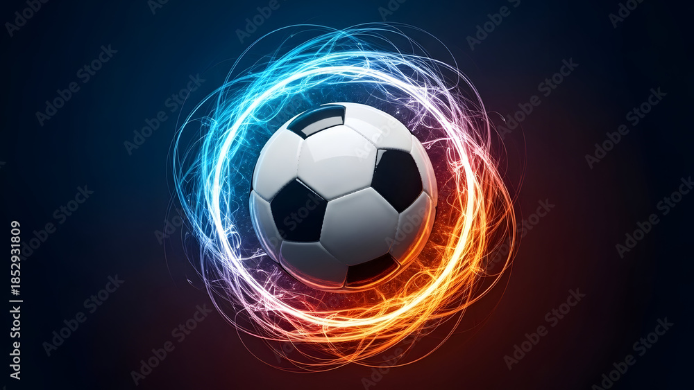 Naklejka premium Dynamic glowing soccer ball with swirling energy light trails and fiery effects on dark background