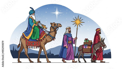 Three wise men on a journey with camel and donkey carrying gifts under a starry night sky representing the Nativity story