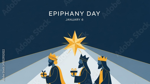 Epiphany Day illustration with three wise men carrying gifts guided by a shining star on January 6 a religious concept for Christian holidays