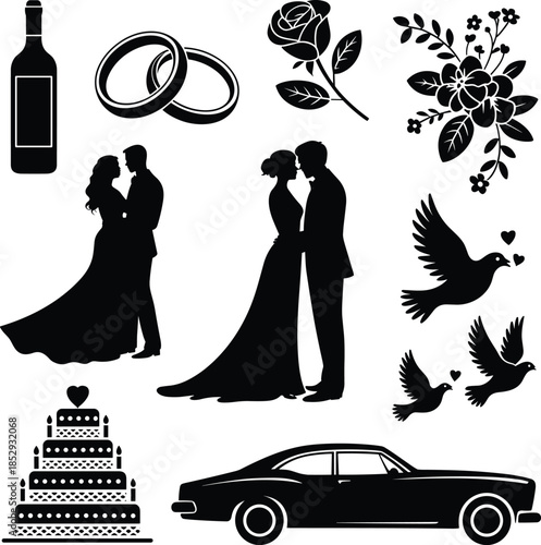Black and white wedding symbols and set wedding rings