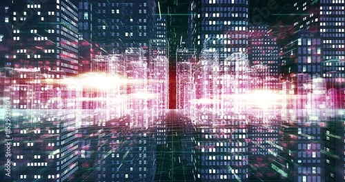 Wireframe skyscraper cityscape evolving into high tech data center footage. Digital virtual world 3D concept animation.