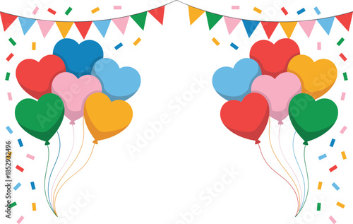 Colorful heart-shaped balloons and festive bunting