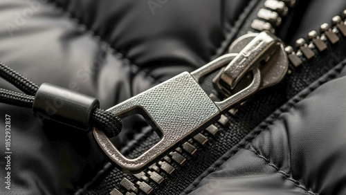 Close up detail of metal winter jacket zipper pull on dark insulated fabric. Robust winter jacket zipper pull provides secure closure for cold weather apparel, ensuring warmth and comfort.