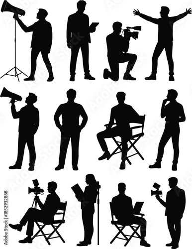 Film crew silhouettes set showing director cameraman actor and production poses black vector illustration isolated on white background media industry design