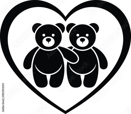 Two black teddy bears hugging inside a heart outline