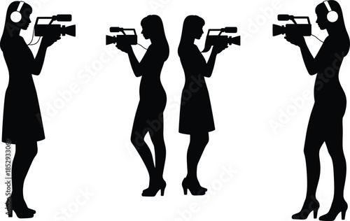 Female videographer silhouettes recording video with professional cameras for media production journalism broadcasting studio workflows isolated vector illustration set collection