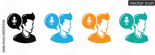 Vibrant vector icons depicting people with speech bubbles and microphones, ideal for communication and media concepts