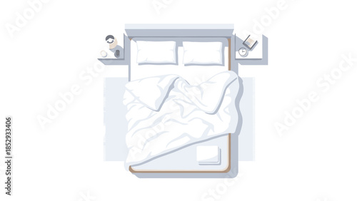 A perfectly made bed with crisp white bedding and pillows is flanked by two minimalist bedside tables, creating a serene and inviting sleep space.