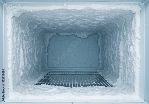 Frost-Covered Freezer Interior with Heavy Ice Buildup Old Freezer Defrosting Needed for Maintenance