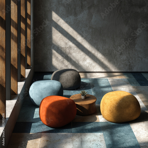 Abstract Geometric Office Breakout Area with Dynamic Seating and Striking Directional Lighting