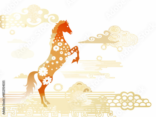 A beautifully illustrated orange horse rearing up against a cloudy sky