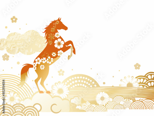 An elegant orange horse rearing amidst floral designs and golden waves