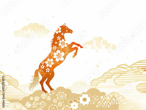 An orange horse rearing up against a background of clouds and floral designs