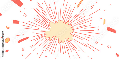 Hand drawn explosion burst with radiating lines and colorful confetti dots and stripes in flat minimalist vector style for surprise or celebration concept illustration